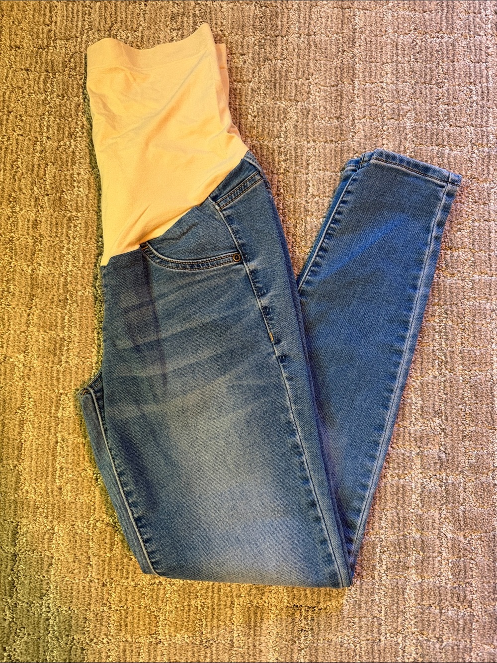 A:Glow Women’s Maternity Blue Denim Jeans with Cream Knit Waistband. Full Panel